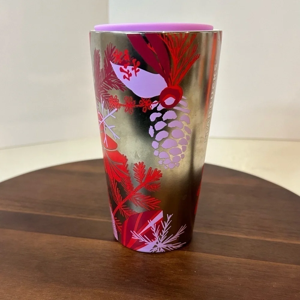 ⭐ Starbucks 2021 Limited Edition Holiday Ceramic Tumbler Silver & Red Pinecone - Picture 3 of 5